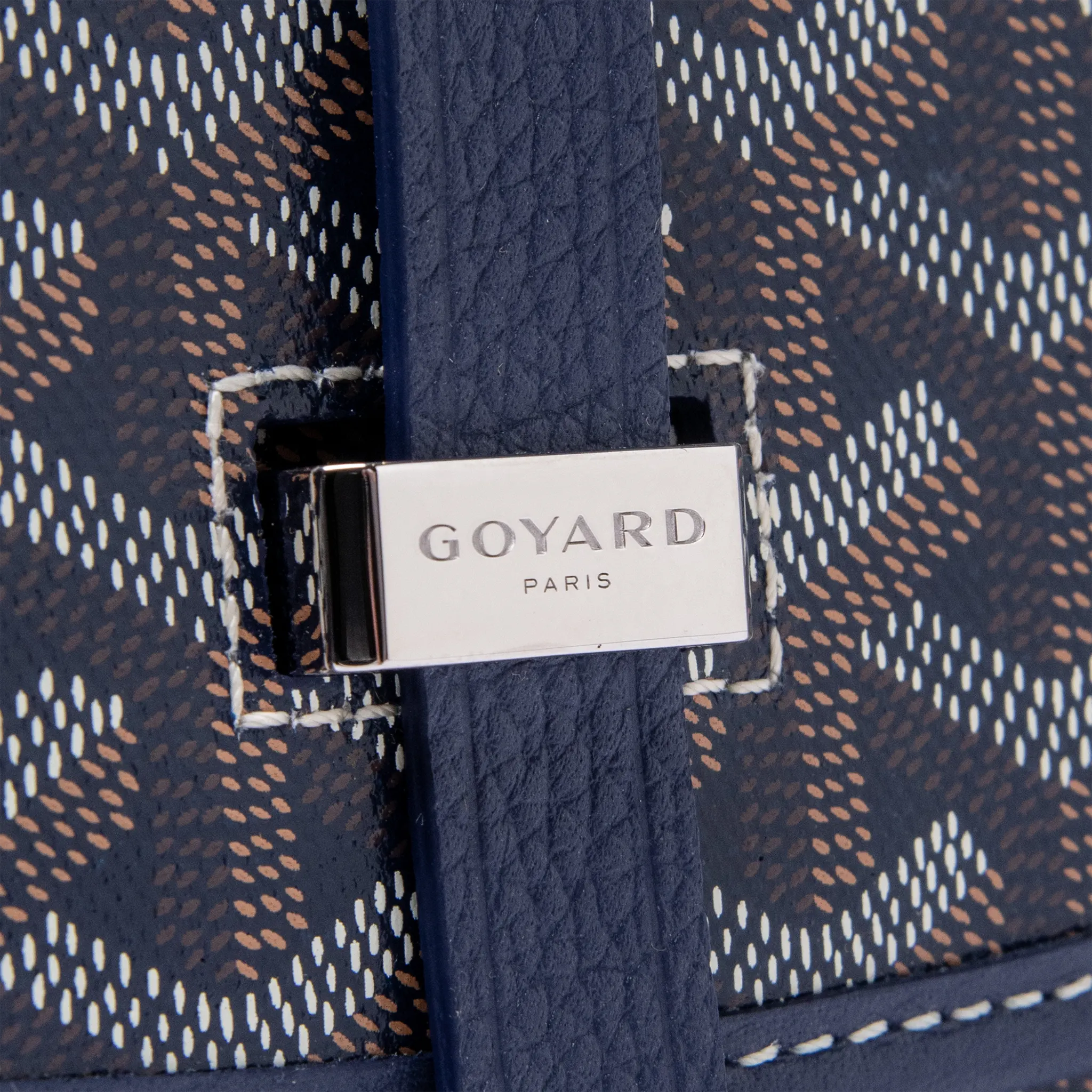 Detailed Logo View of Goyard Goyardine Belvedere II Navy PM Messenger Bag BELVE3PMLTY12CG12P